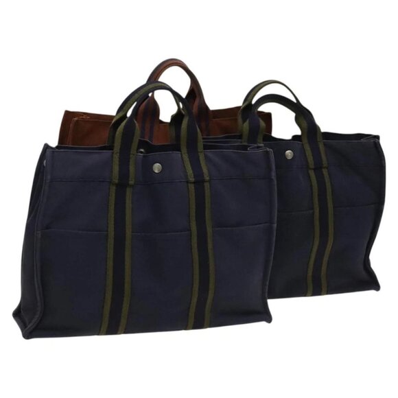 HERMES Fourre Tout MM Hand Bag Canvas 3Set Navy Brown - Picture 1 of 16